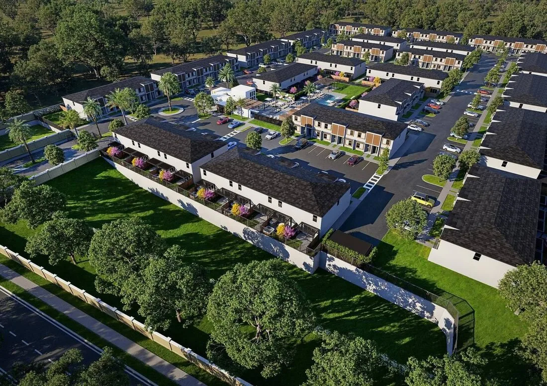 Vista aérea ilustrativa do The Hub Garden em Westside, Grande Orlando